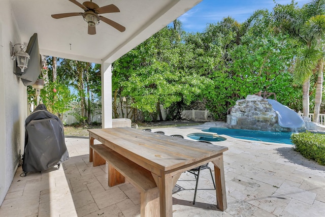 view of patio / terrace with ceiling fan, a fenced in pool, and area for grilling