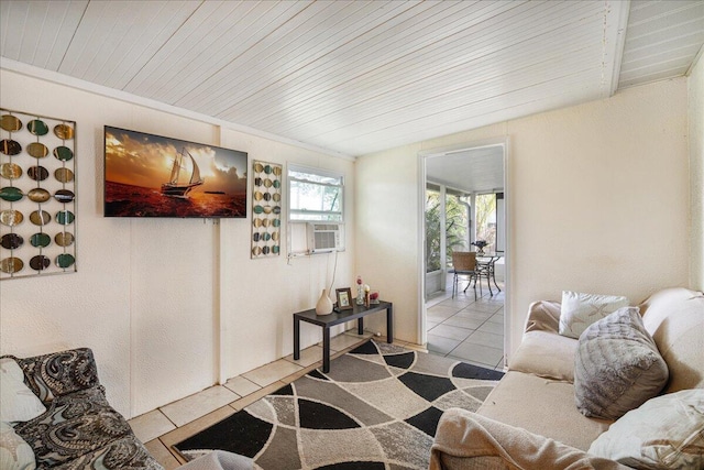 living room featuring light tile patterned flooring, lofted ceiling, wood ceiling, and cooling unit