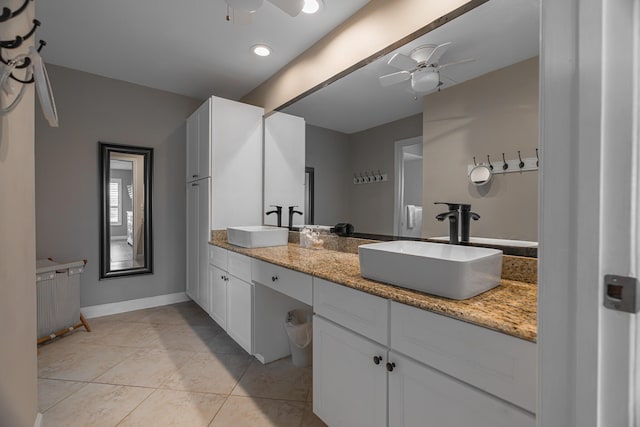 bathroom with vanity, tile patterned floors, and ceiling fan