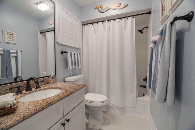 full bathroom with vanity, tile patterned flooring, toilet, and shower / tub combo with curtain