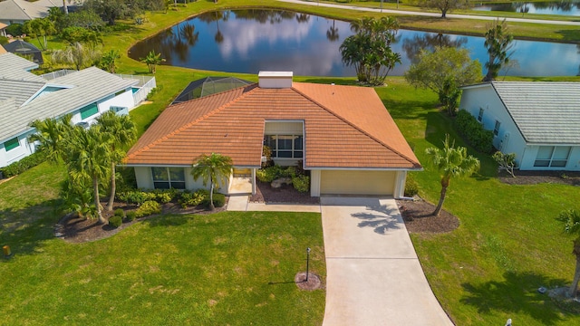 aerial view featuring a water view