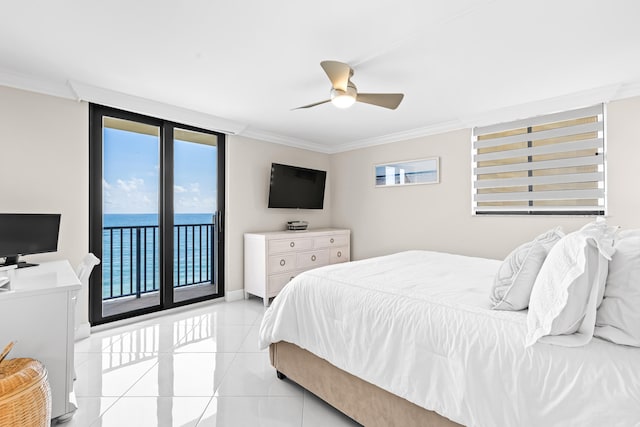 bedroom featuring a wall of windows, ornamental molding, light tile patterned floors, access to exterior, and ceiling fan