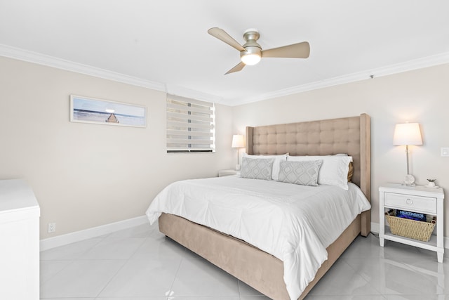 bedroom with crown molding, ceiling fan, and light tile patterned floors