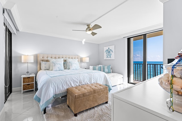 tiled bedroom with crown molding, a water view, access to exterior, and ceiling fan