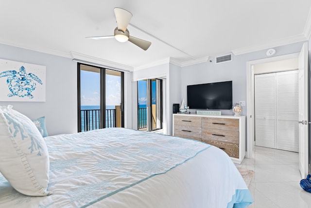 bedroom with access to outside, ornamental molding, and ceiling fan