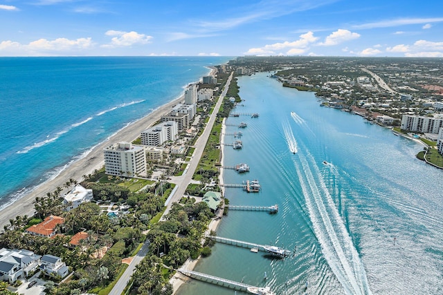 aerial view with a view of the beach and a water view