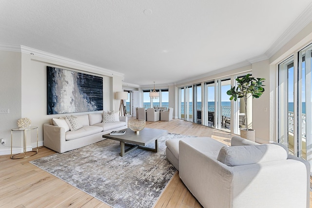 living room with crown molding, a water view, a textured ceiling, and light wood-type flooring