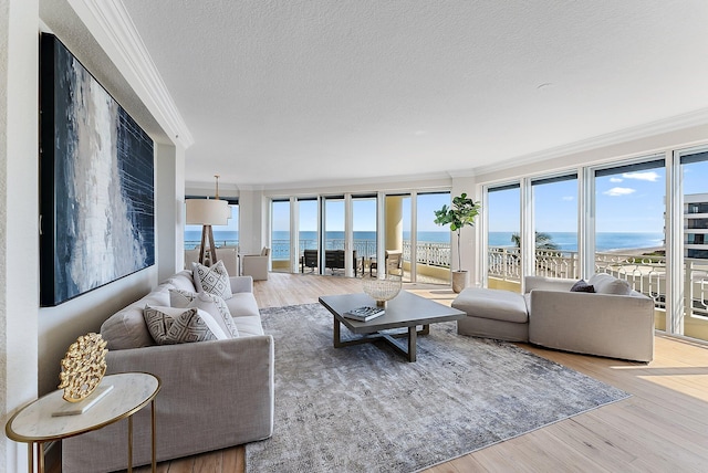 living room featuring a water view, ornamental molding, a textured ceiling, and light wood-type flooring