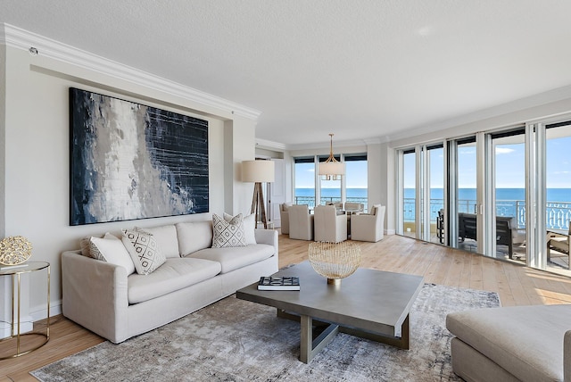 living room featuring a water view, crown molding, hardwood / wood-style floors, and a textured ceiling