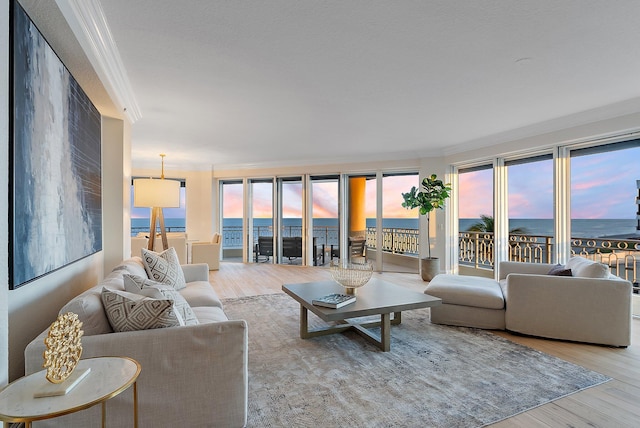 living room featuring a water view, ornamental molding, and light wood-type flooring