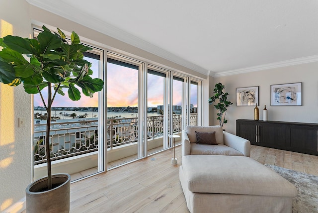 living room featuring ornamental molding, a water view, and light wood-type flooring