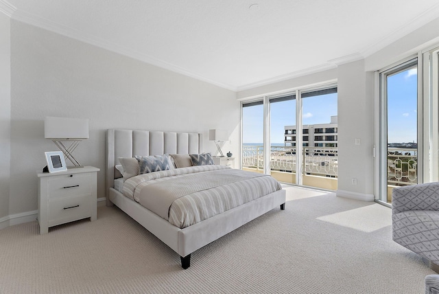 carpeted bedroom with ornamental molding and access to exterior