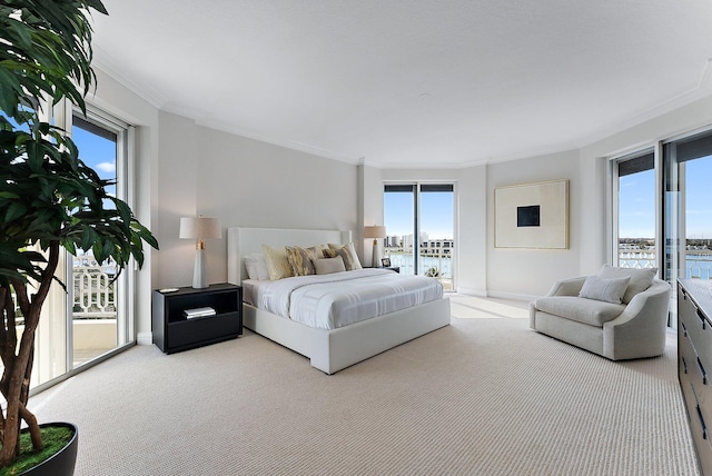 bedroom with access to exterior, crown molding, light colored carpet, and a water view