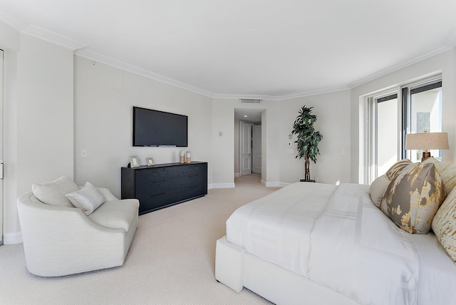 bedroom with light colored carpet and ornamental molding