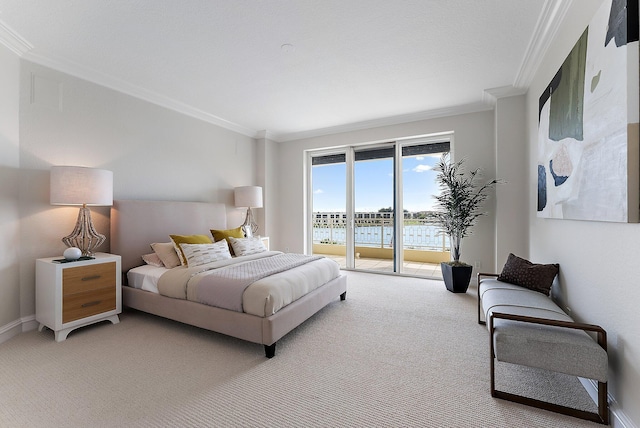 carpeted bedroom featuring access to exterior, ornamental molding, and a water view