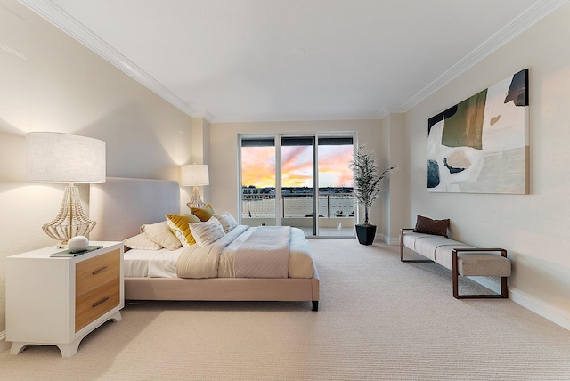 bedroom featuring ornamental molding, light colored carpet, and access to exterior