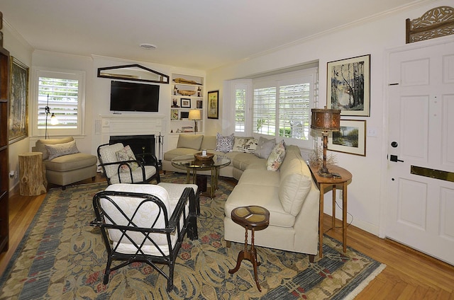 living area featuring a fireplace, crown molding, and wood finished floors