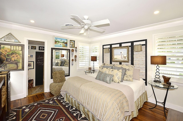 bedroom featuring a ceiling fan, recessed lighting, baseboards, and wood finished floors