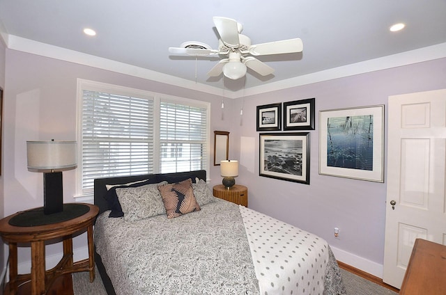 bedroom with ceiling fan, recessed lighting, wood finished floors, and baseboards