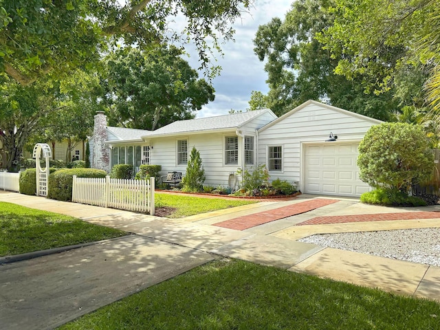 single story home with a garage, a chimney, fence, and decorative driveway