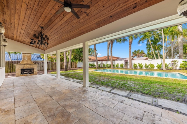 view of patio / terrace with a fenced in pool, a fenced backyard, a ceiling fan, and a tiled fireplace