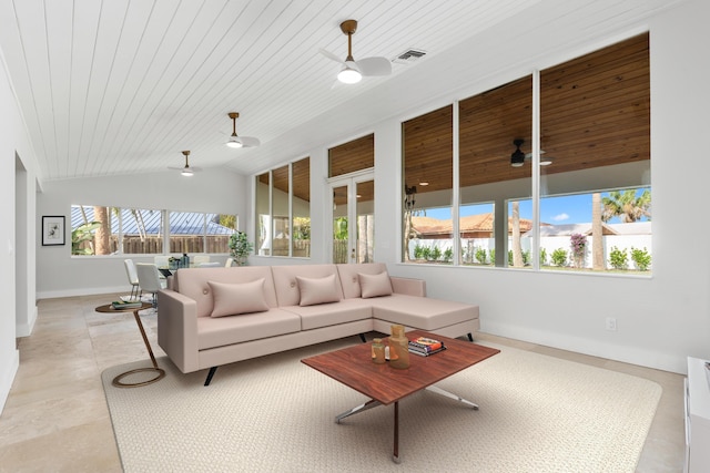 living room featuring baseboards, lofted ceiling, visible vents, and wooden ceiling