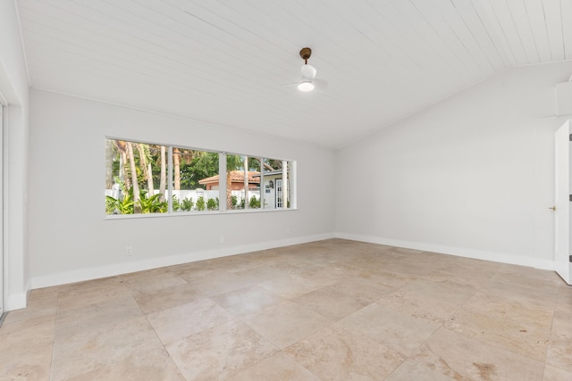 unfurnished room with ceiling fan, vaulted ceiling, and wooden ceiling