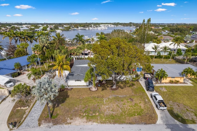 bird's eye view with a water view