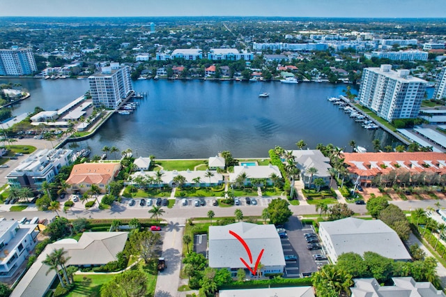 aerial view featuring a water view