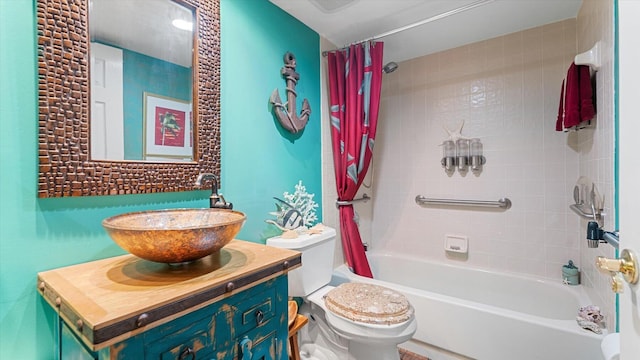 full bathroom featuring toilet, vanity, and shower / bathtub combination with curtain