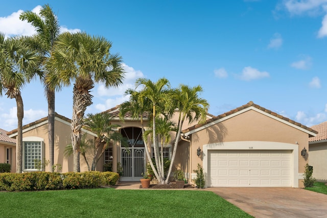 mediterranean / spanish house featuring a garage and a front yard