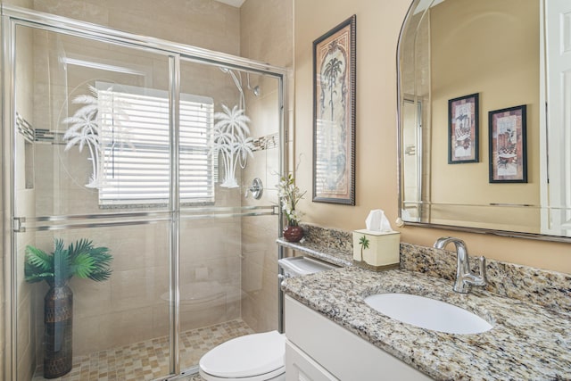 bathroom featuring a shower with door, vanity, and toilet