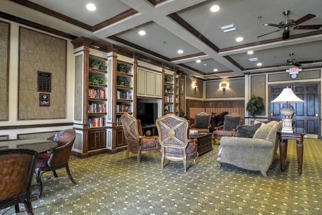 carpeted living room featuring ornamental molding, coffered ceiling, ceiling fan, and beam ceiling