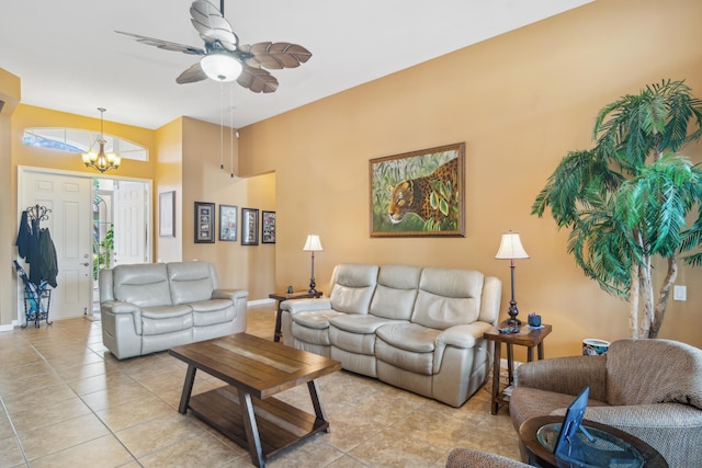 tiled living room with ceiling fan