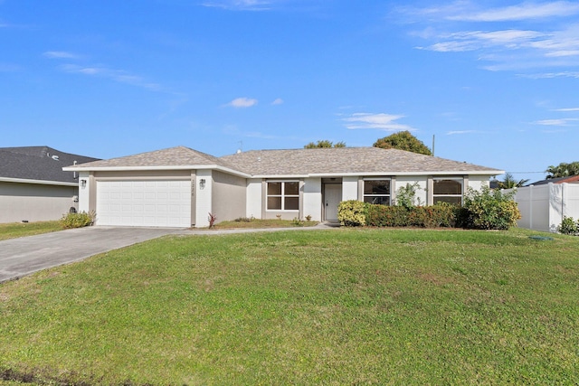 single story home featuring a garage and a front yard