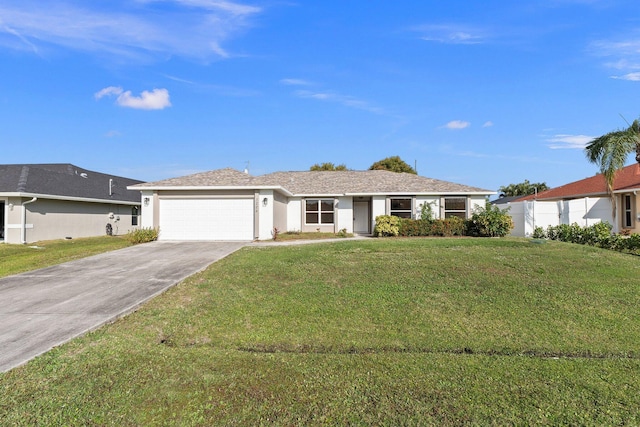 ranch-style house with a garage and a front yard