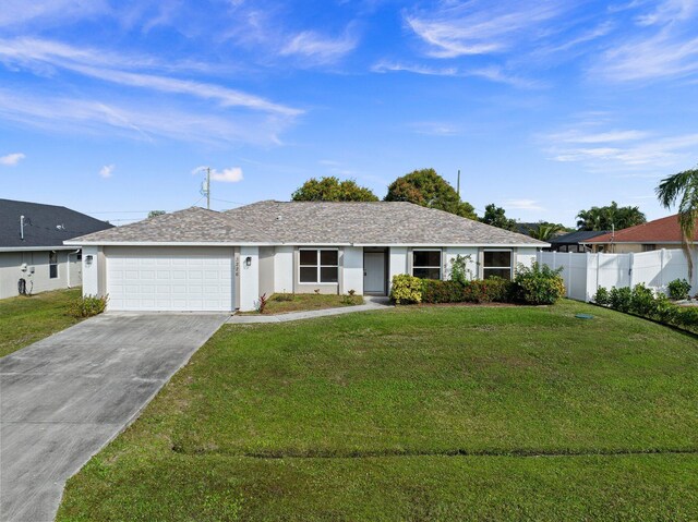 single story home featuring a garage and a front lawn