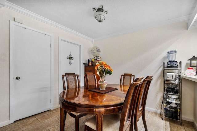 tiled dining room featuring crown molding and a textured ceiling