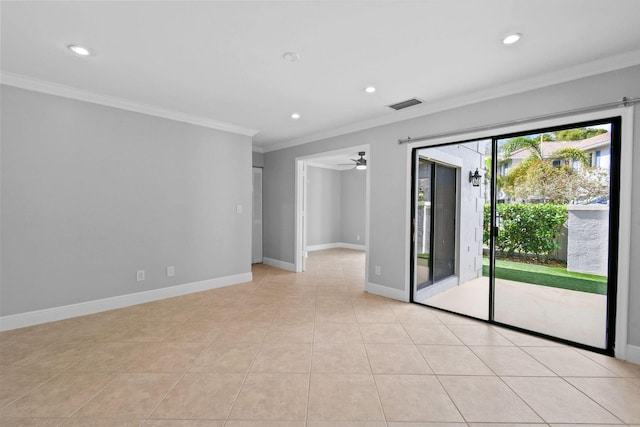 unfurnished room featuring light tile patterned flooring, ceiling fan, and ornamental molding