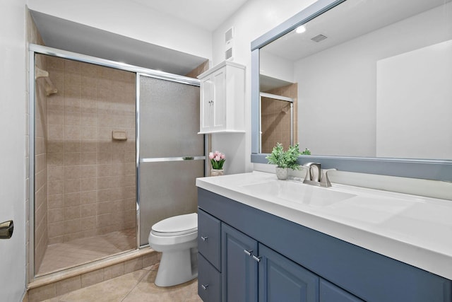 bathroom with vanity, tile patterned flooring, a shower with door, and toilet