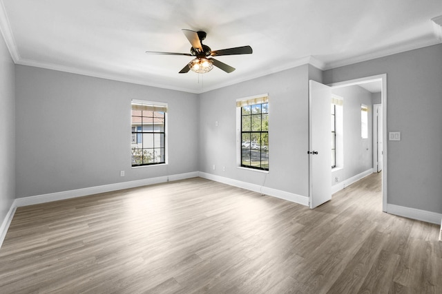 spare room with crown molding, ceiling fan, and light wood-type flooring