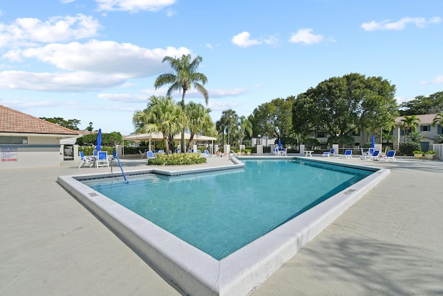 view of swimming pool featuring a patio area