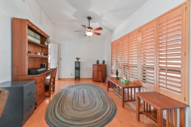 office featuring ceiling fan, plenty of natural light, and light hardwood / wood-style flooring