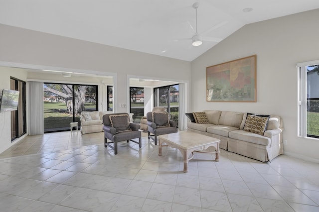 living room featuring high vaulted ceiling and ceiling fan