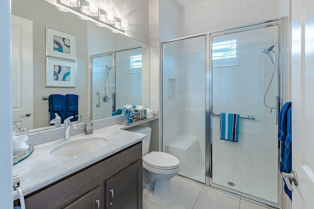 bathroom with toilet, a stall shower, vanity, and tile patterned flooring