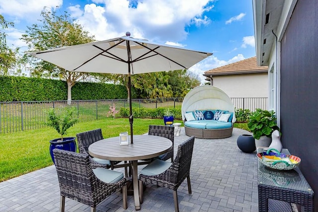 view of patio / terrace with an outdoor hangout area, outdoor dining area, and a fenced backyard