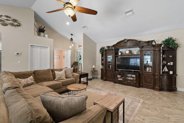 living room with high vaulted ceiling and ceiling fan