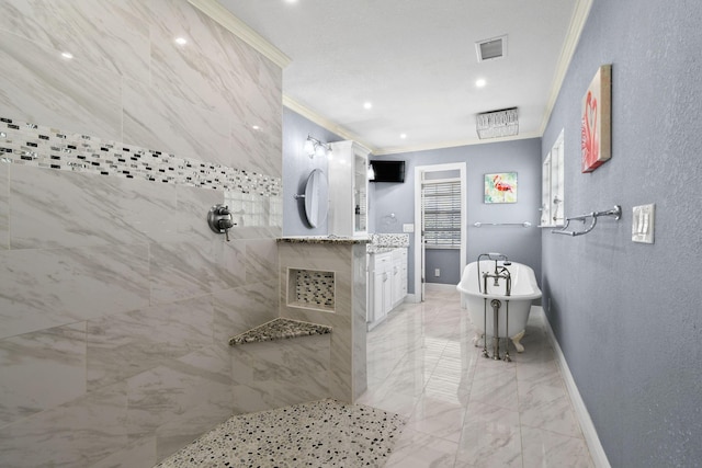 bathroom with ornamental molding, shower with separate bathtub, and vanity