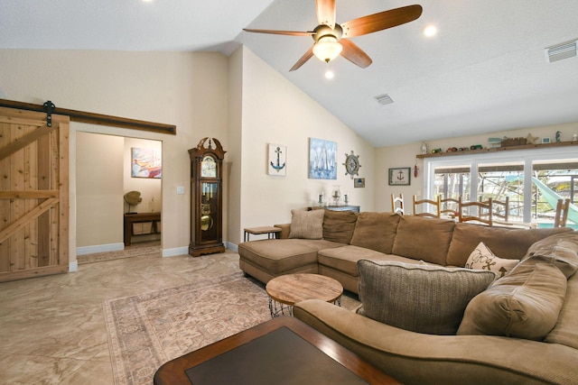 living room with high vaulted ceiling, a barn door, and ceiling fan