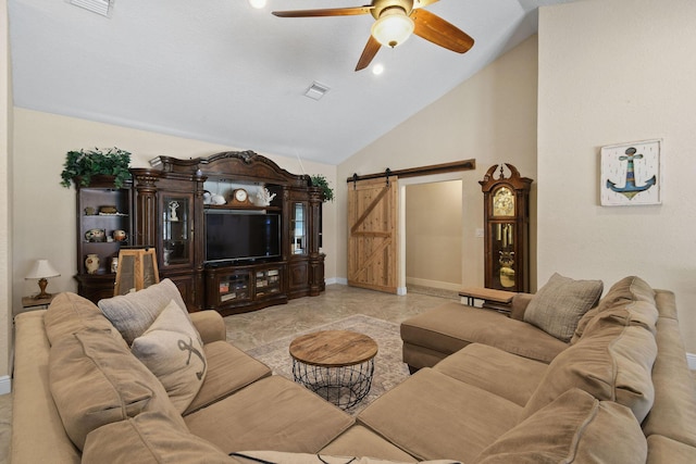 living room featuring high vaulted ceiling, a barn door, and ceiling fan